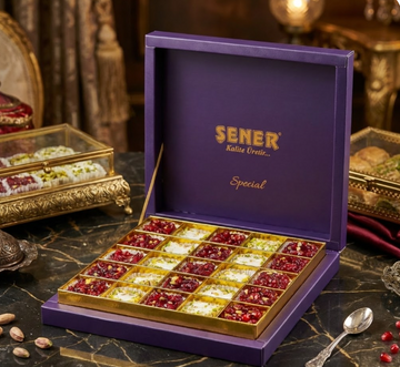 şener Zereş Üzümlü Kaplı Narlı Antep Fıstıklı & Şehzade Antep Fıstıklı Fıstık Kaplamalı Lüx Mor Kutu 420 Gr