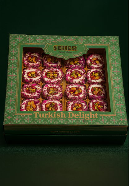350 gr Antep Fıstıklı Gül Yaprak Kaplamalı Narlı Lokum Hediyelik